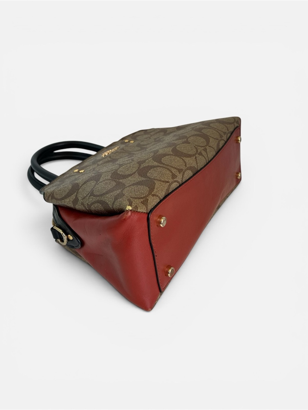 Coach Brown Signature Satchel with Black Handles and Red Sides - Picture 6 of 10